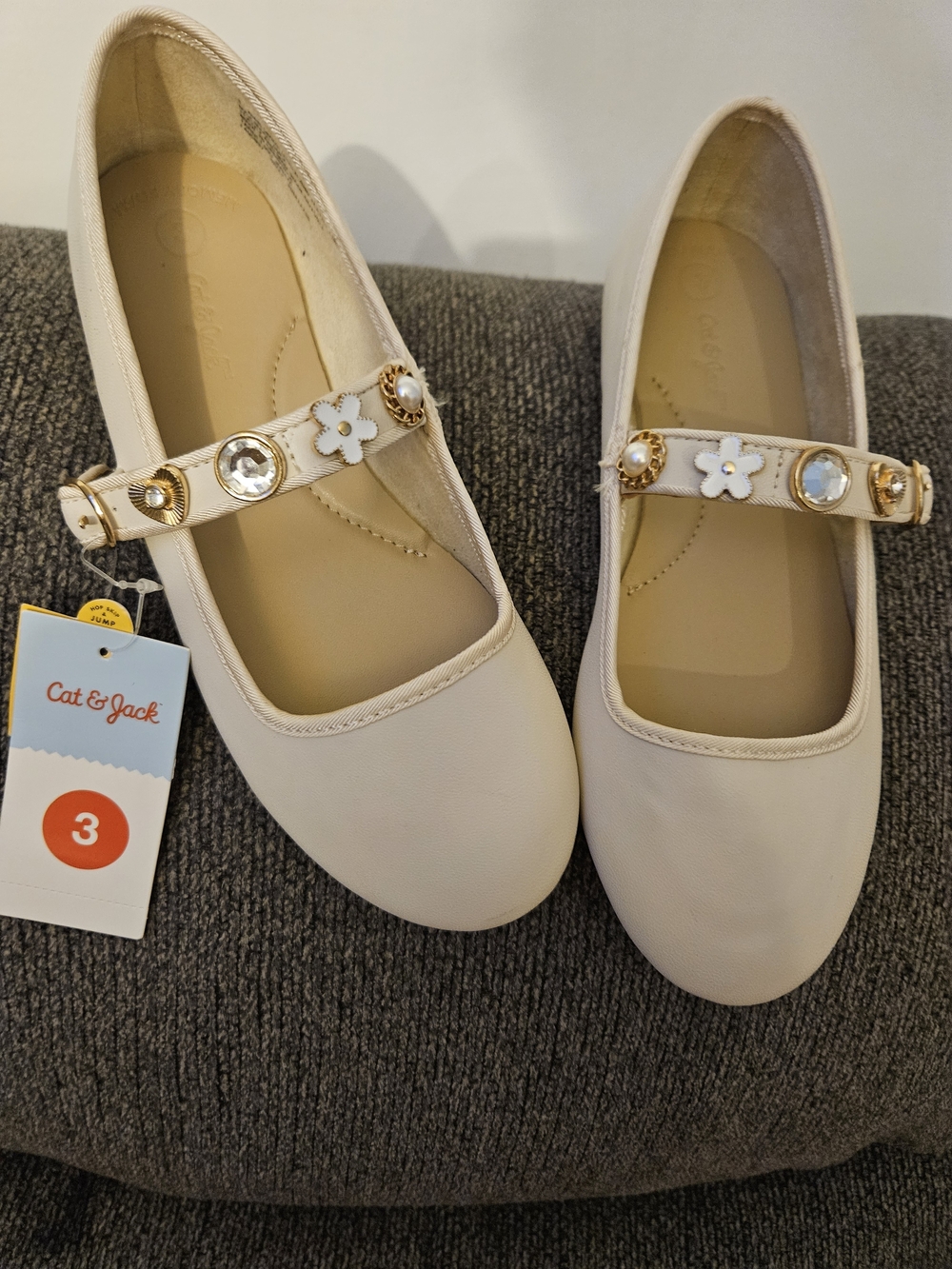 Cat & Jack Cream Mary Jane Flats with Floral Jewel Strap